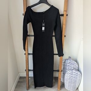 NWT Fashion Nova Black Ribbed Midi Dress With Assymetrical Neckline - Size S